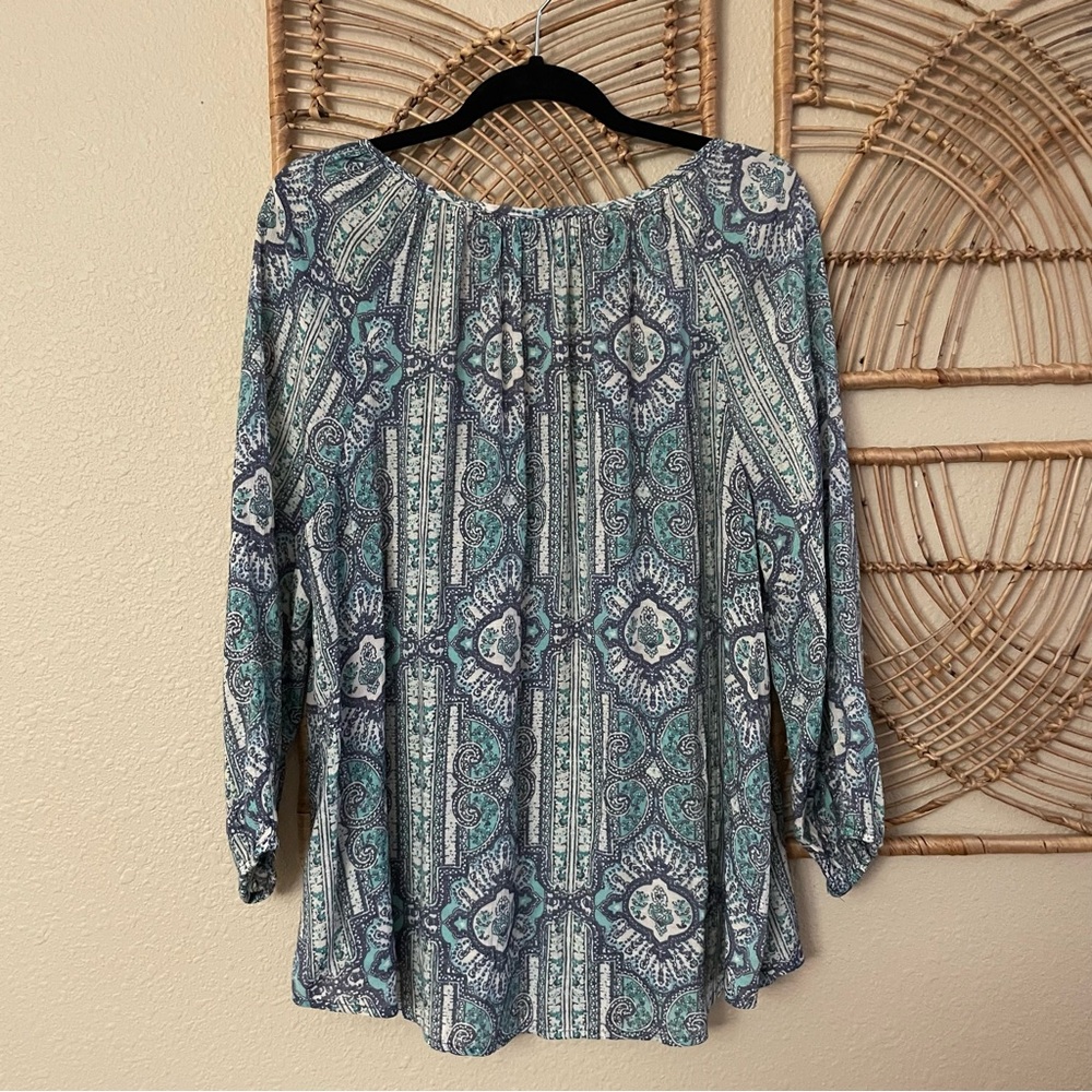 Fred David Boho Peasant Blouse Top Tunic Blue Flowy Beachy Coastal 90s Sz L B18 - Picture 2 of 10